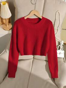 SHEIN Tween Girl Light Red Cable Knit Pullover Sweater, Autumn Casual Basic Cool Back-To-School Long Sleeve Round Neck Drop Shoulder Cropped Top, Jumper - Burgundy - View 4