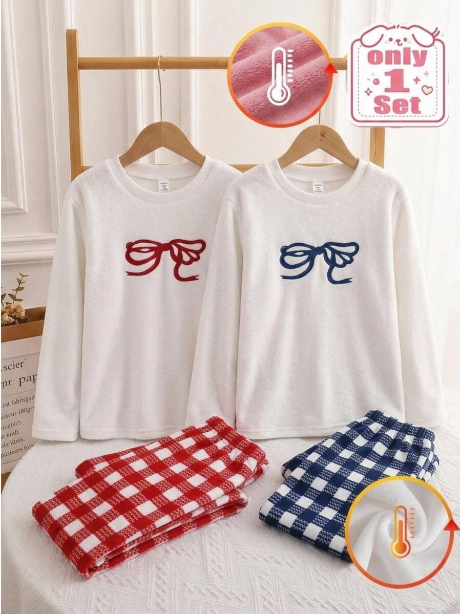 Teen Girls White Minimalist Fashion Bow Embroidery Pattern Plaid Fleece Long Pants & Long Sleeve Two Pieces Loungewear Set Autumn Winter - Red and White - View 1