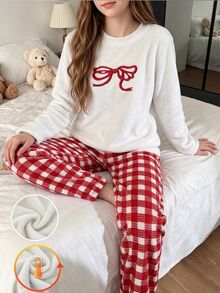 青少年女孩白色極簡時尚蝴蝶結刺繡格紋抓絨長褲與長袖兩件式居家服套裝 秋冬款 - 紅白色 - 查看 1