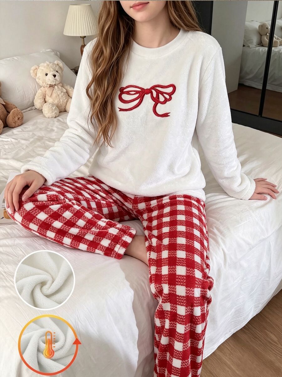 青少年女孩白色極簡時尚蝴蝶結刺繡格紋抓絨長褲與長袖兩件式居家服套裝 秋冬款 - 紅白色 - 查看 1