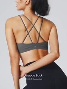 FeatherFit™ Strappy Back Sports Bra Tank Top Low Impact Yoga Pilates Daily Spring Summer - Dark Grey - View 4