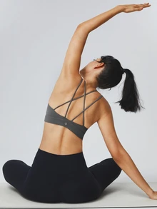 FeatherFit™ Strappy Back Sports Bra Tank Top Low Impact Yoga Pilates Daily Spring Summer - Dark Grey - View 8