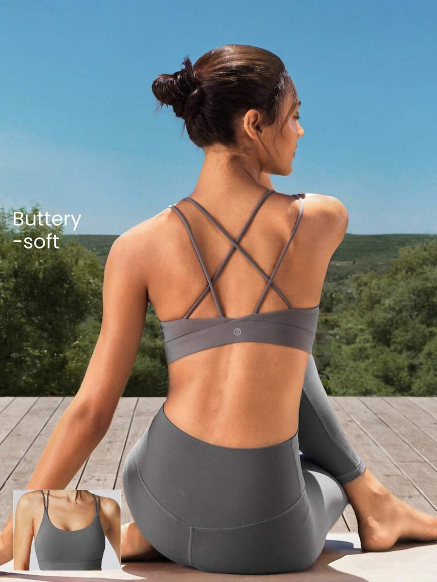 FeatherFit™ Strappy Back Sports Bra Tank Top Low Impact Yoga Pilates Daily Spring Summer