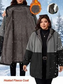 SHEIN CURVE+ Plus Size Women's Colorblock Hooded Loose Jacket, Autumn/Winter - Multicolor - View 6