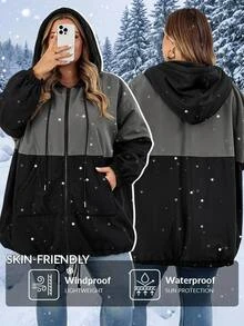 SHEIN CURVE+ Plus Size Women's Colorblock Hooded Loose Jacket, Autumn/Winter - Multicolor - View 3