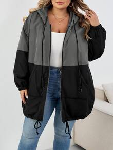 SHEIN CURVE+ Plus Size Women's Colorblock Hooded Loose Jacket, Autumn/Winter - Multicolor - View 7