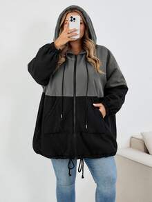 SHEIN CURVE+ Plus Size Women's Colorblock Hooded Loose Jacket, Autumn/Winter - Multicolor - View 5