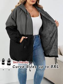 SHEIN CURVE+ Plus Size Women's Colorblock Hooded Loose Jacket, Autumn/Winter - Multicolor - View 4