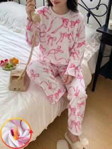 女童休閒優雅兩件套保暖內裡蝴蝶結印花柔軟家居服 秋冬款 - 白色 - 查看 2