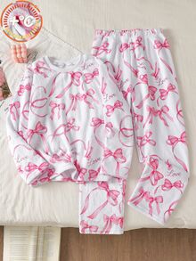 女童休閒優雅兩件套保暖內裡蝴蝶結印花柔軟家居服 秋冬款 - 白色 - 查看 4