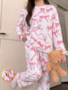 女童休閒優雅兩件套保暖內裡蝴蝶結印花柔軟家居服 秋冬款 - 白色 - 查看 6