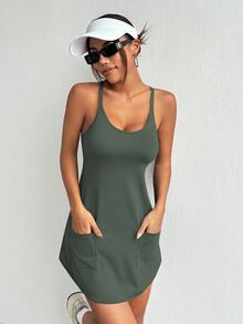 SHEIN Sports 1件式運動連身裙，附口袋 - 軍綠色 - 查看 7