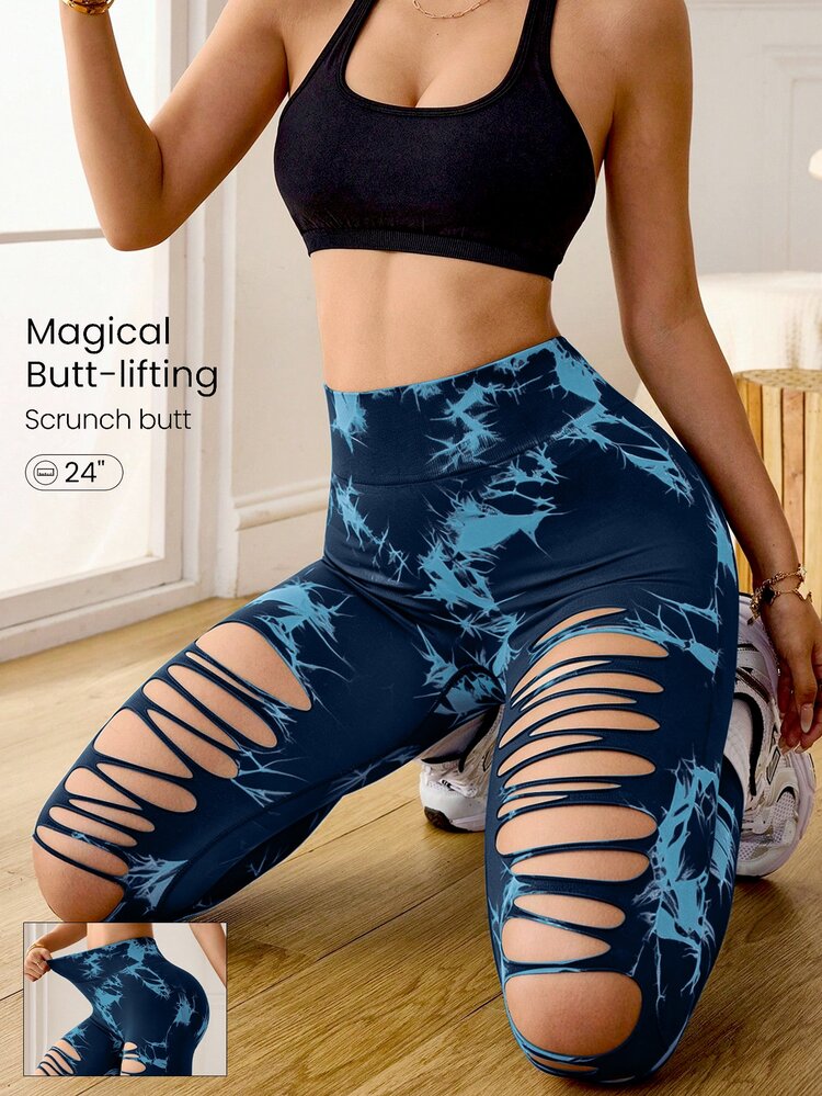 SHEIN Sports 女士撞色破洞休闲百搭日常运动紧身裤 - 藍色 - 查看 4