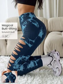SHEIN Sports Women's Contrast Color Ripped Casual Versatile Daily Wear Sports Leggings - Blue - View 1