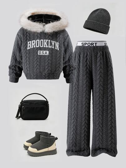 SHEIN Conjunto casual de moda para niñas con capucha de cuello de piel, estampado de letras, cintura elástica, estilo americano, para uso diario, salidas, escuela y viajes