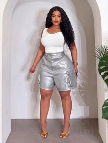 Slaydiva Plus Size Women Solid Color Pocket Casual Daily Shorts - Silver - View 9