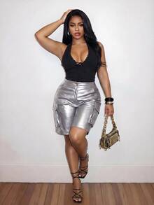 Slaydiva Plus Size Women Solid Color Pocket Casual Daily Shorts - Silver - View 4