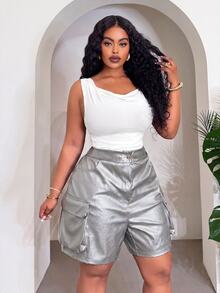 Slaydiva Plus Size Women Solid Color Pocket Casual Daily Shorts - Silver - View 8