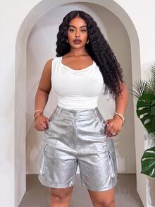 Slaydiva Plus Size Women Solid Color Pocket Casual Daily Shorts - Silver - View 7