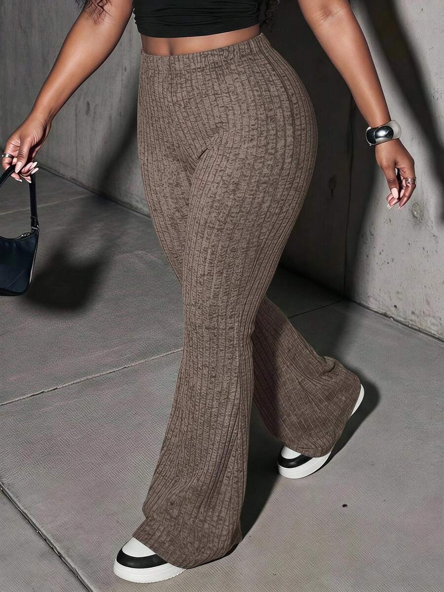 Slaydiva Plus Size Women's Solid Color Casual Daily Flare Pants - Coffee Brown - View 1