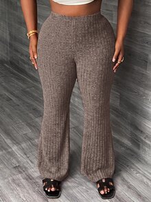 Slaydiva Plus Size Women's Solid Color Casual Daily Flare Pants - Coffee Brown - View 3