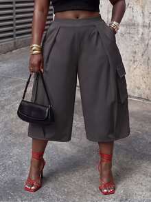 Slaydiva Plus Size Women's Pants, Burgundy Belt Cargo Pocket Wide Leg Cropped Culottes - Grey - View 3