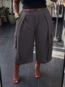 Slaydiva Plus Size Women's Pants, Burgundy Belt Cargo Pocket Wide Leg Cropped Culottes - Grey - View 7