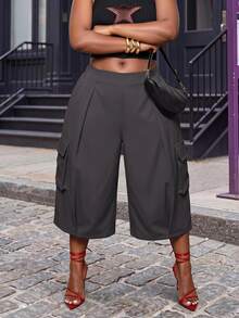 Slaydiva Plus Size Women's Pants, Burgundy Belt Cargo Pocket Wide Leg Cropped Culottes - Grey - View 1