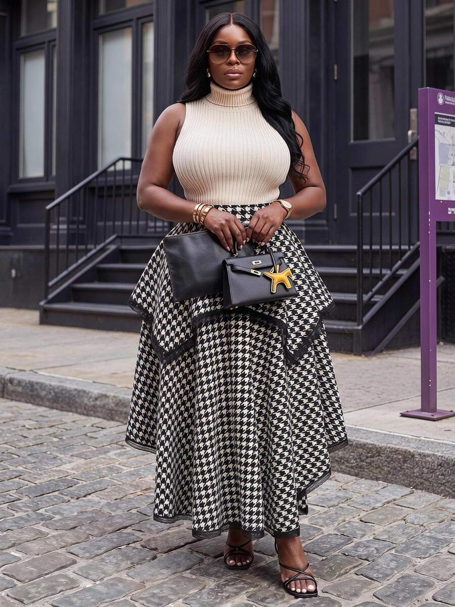 Slaydiva Elegant Commute Date Black & White Houndstooth Double Layer Asymmetrical Flared Long Skirt Plus Size
