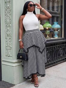 Slaydiva Elegant Commute Date Black & White Houndstooth Double Layer Asymmetrical Flared Long Skirt Plus Size - Black and White - View 11
