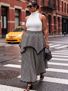 Slaydiva Elegant Commute Date Black & White Houndstooth Double Layer Asymmetrical Flared Long Skirt Plus Size - Black and White - View 6
