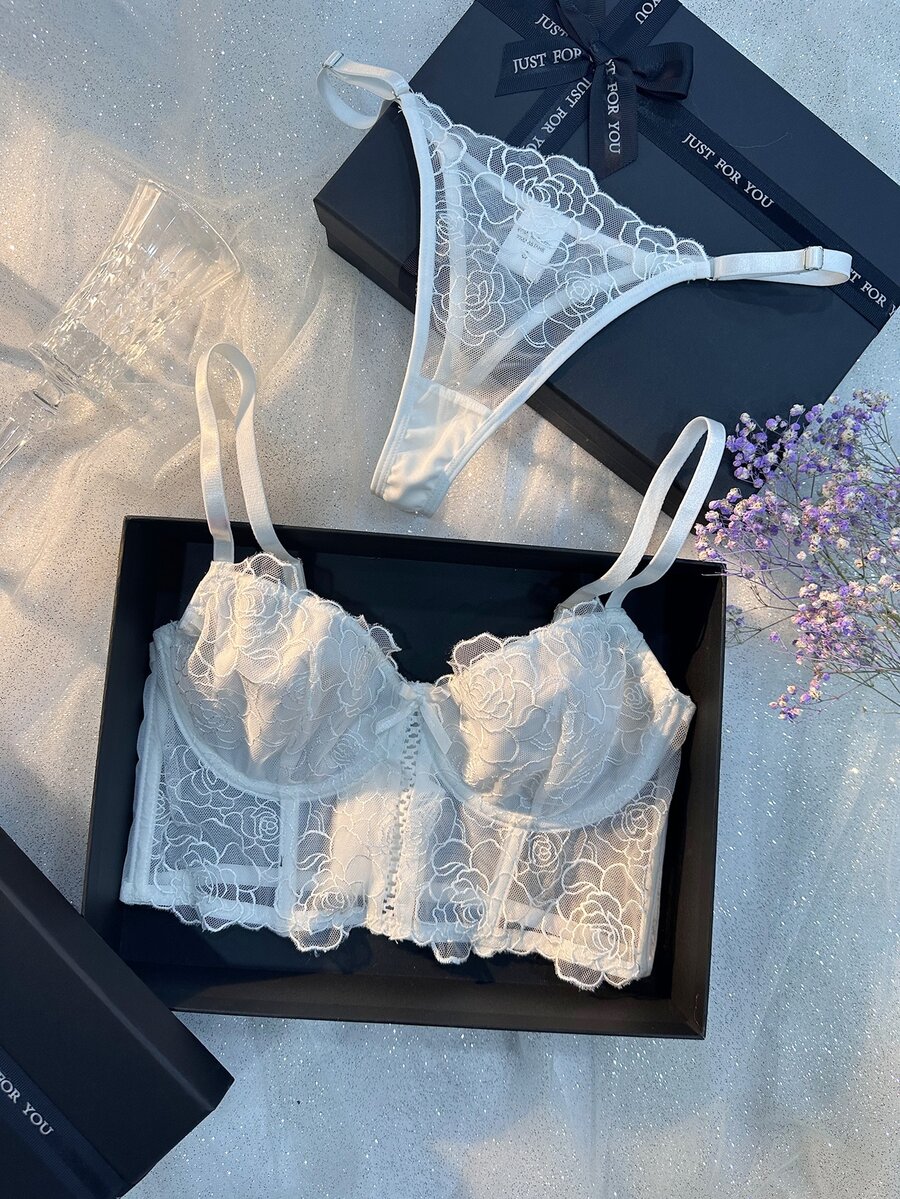 SHEIN Wedding Season Flower Embroidery Mesh Bra & Panty Lingerie Set - White - View 1