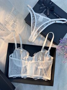 SHEIN Wedding Season Flower Embroidery Mesh Bra & Panty Lingerie Set - White - View 2