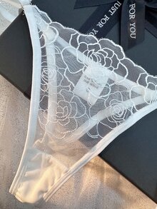 SHEIN Wedding Season Flower Embroidery Mesh Bra & Panty Lingerie Set - White - View 4