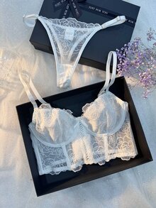 SHEIN Wedding Season Flower Embroidery Mesh Bra & Panty Lingerie Set - White - View 3