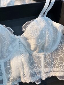SHEIN Wedding Season Flower Embroidery Mesh Bra & Panty Lingerie Set - White - View 5