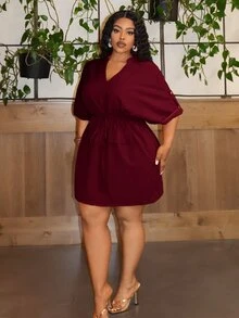 Veslaya 大码派对和优雅通勤纯色修身 V 领抽绳腰女式迷你连衣裙，夏季 - 酒紅色 - 查看 4