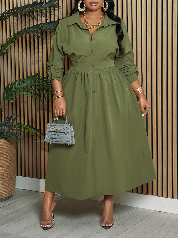 Veslaya Plus Size Elegant & Commuting & Daily Wear Half-Opening Green Shirt Style Long Dress With Waist Belt, Spring & Autumn Fall - Army Green - View 8