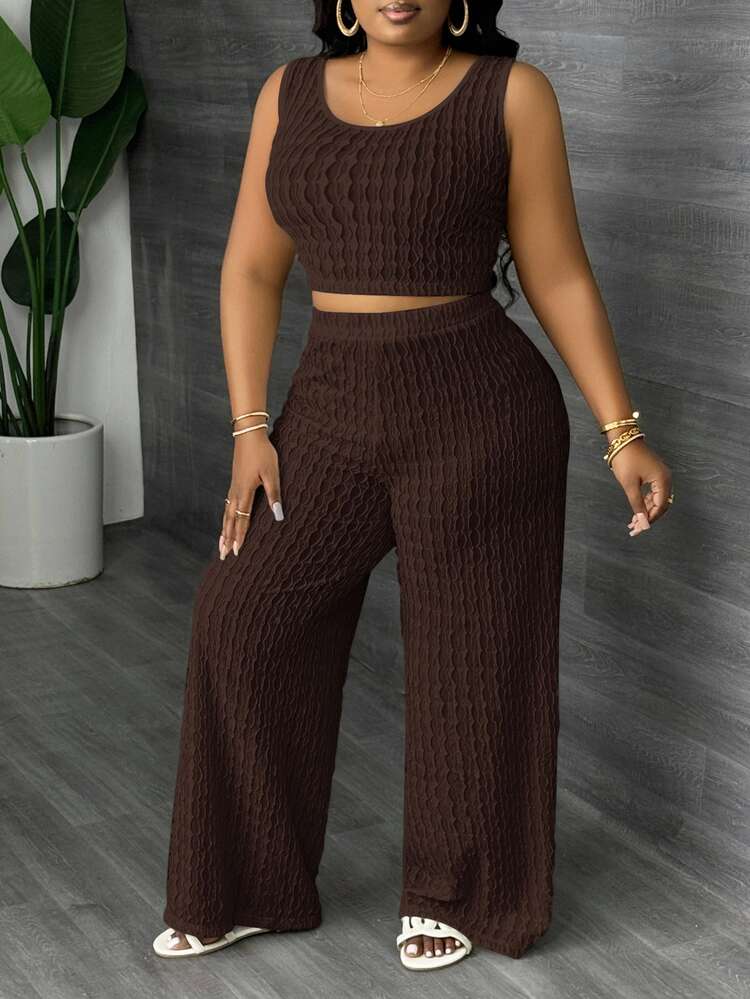 Veslaya 2Pcs Plus Size White Solid Color Sleeveless Long Tank Top And Wide Leg Pants Set, Casual Wear For Spring SummerSummer Outfits Women,Two Piece - Brown - View 5
