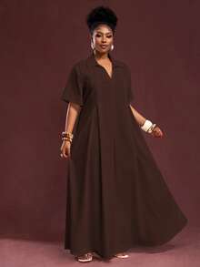 Veslaya Spring/Summer New Arrival Vacation & Commute & Casual White Loose Short Sleeve V-Neck Pleated A-Line Maxi Shirt Dress For Plus Size Women - Brown - View 5