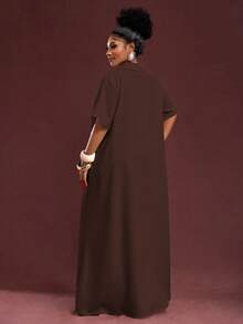 Veslaya Spring/Summer New Arrival Vacation & Commute & Casual White Loose Short Sleeve V-Neck Pleated A-Line Maxi Shirt Dress For Plus Size Women - Brown - View 2