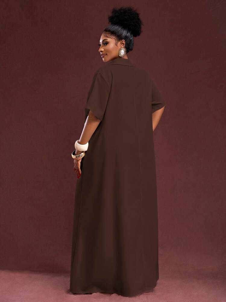 Veslaya Spring/Summer New Arrival Vacation & Commute & Casual White Loose Short Sleeve V-Neck Pleated A-Line Maxi Shirt Dress For Plus Size Women - Brown - View 2