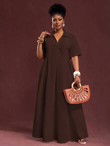 Veslaya Spring/Summer New Arrival Vacation & Commute & Casual White Loose Short Sleeve V-Neck Pleated A-Line Maxi Shirt Dress For Plus Size Women - Brown - View 6