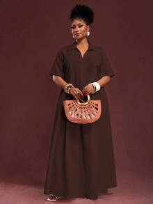 Veslaya Spring/Summer New Arrival Vacation & Commute & Casual White Loose Short Sleeve V-Neck Pleated A-Line Maxi Shirt Dress For Plus Size Women - Brown - View 7