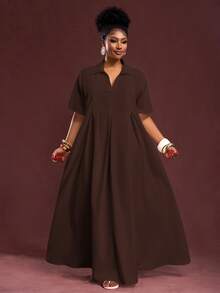 Veslaya Spring/Summer New Arrival Vacation & Commute & Casual White Loose Short Sleeve V-Neck Pleated A-Line Maxi Shirt Dress For Plus Size Women - Brown - View 4