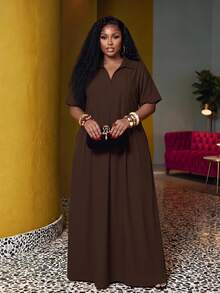 Veslaya Spring/Summer New Arrival Vacation & Commute & Casual White Loose Short Sleeve V-Neck Pleated A-Line Maxi Shirt Dress For Plus Size Women - Brown - View 1
