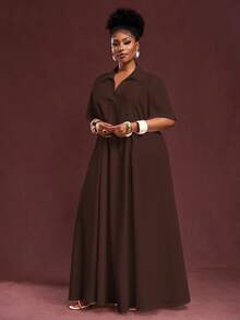 Veslaya Spring/Summer New Arrival Vacation & Commute & Casual White Loose Short Sleeve V-Neck Pleated A-Line Maxi Shirt Dress For Plus Size Women - Brown - View 9