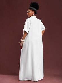 Veslaya Spring/Summer New Vacation, Commute & Daily Casual V-Neck Pleated Loose White Plus Size Short Sleeve Shirt Dress For Plus Size Women - Z - White - View 2