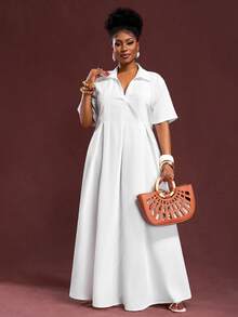 Veslaya Spring/Summer New Vacation, Commute & Daily Casual V-Neck Pleated Loose White Plus Size Short Sleeve Shirt Dress For Plus Size Women - Z - White - View 6
