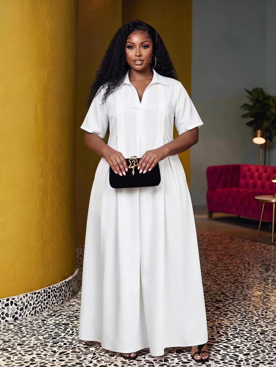 Veslaya Spring/Summer New Vacation, Commute & Daily Casual V-Neck Pleated Loose White Plus Size Short Sleeve Shirt Dress For Plus Size Women - Z - White - View 1